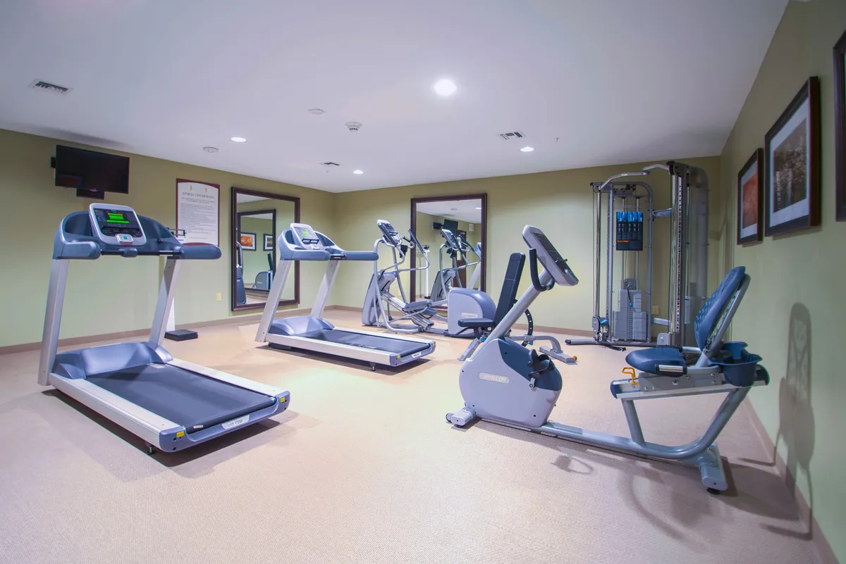 A bright, well-equipped fitness center featuring treadmills, elliptical machines, an exercise bike, and strength training equipment. Guests are engaged in personal workouts and group fitness classes, contributing to a motivational atmosphere.